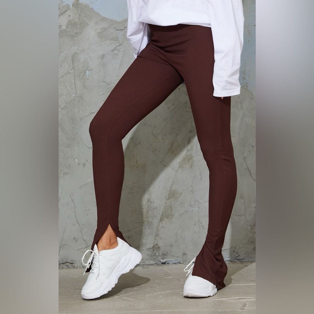 Pretty Little Thing Ribbed Split Hem Leggings Brown US:2 UK:6 NWT